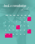 Calendar with pink squares indicating dates on a teal background, featuring the text 'book a consultation Kandi'.