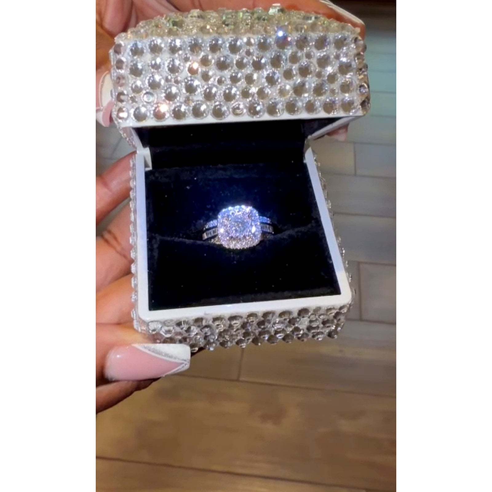 Open handmade crystal ring box with illuminated interior by KandiSparklez
