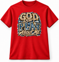 God Don't Play About Me denim and crystal DTF design on red T-shirt