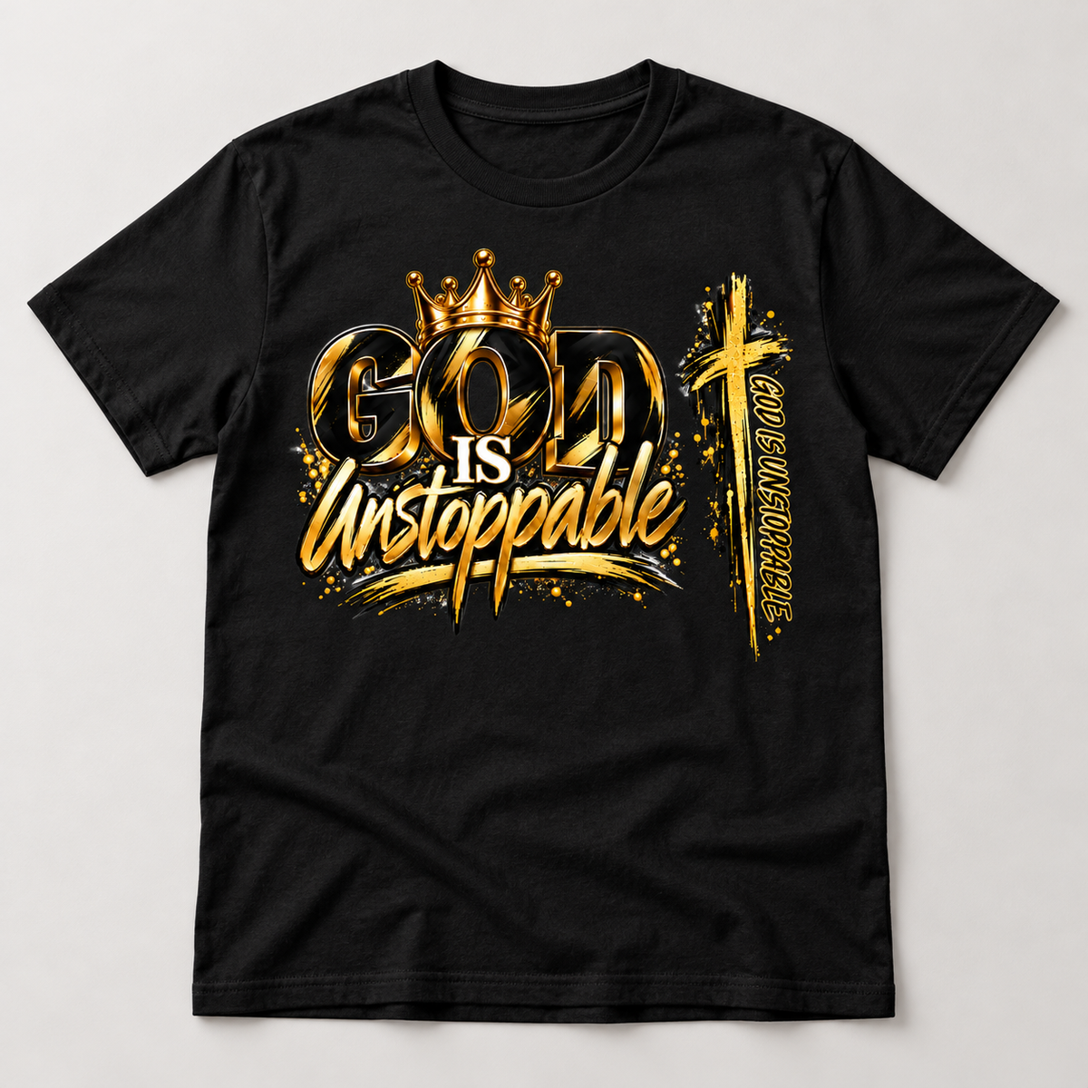 God Is Unstoppable Gold Graphic Tee on black tee