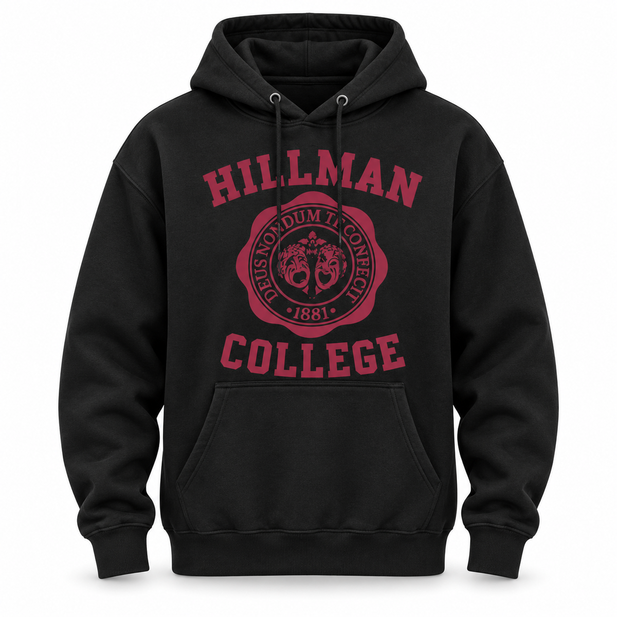 Hillman College black hoodie with burgundy design
