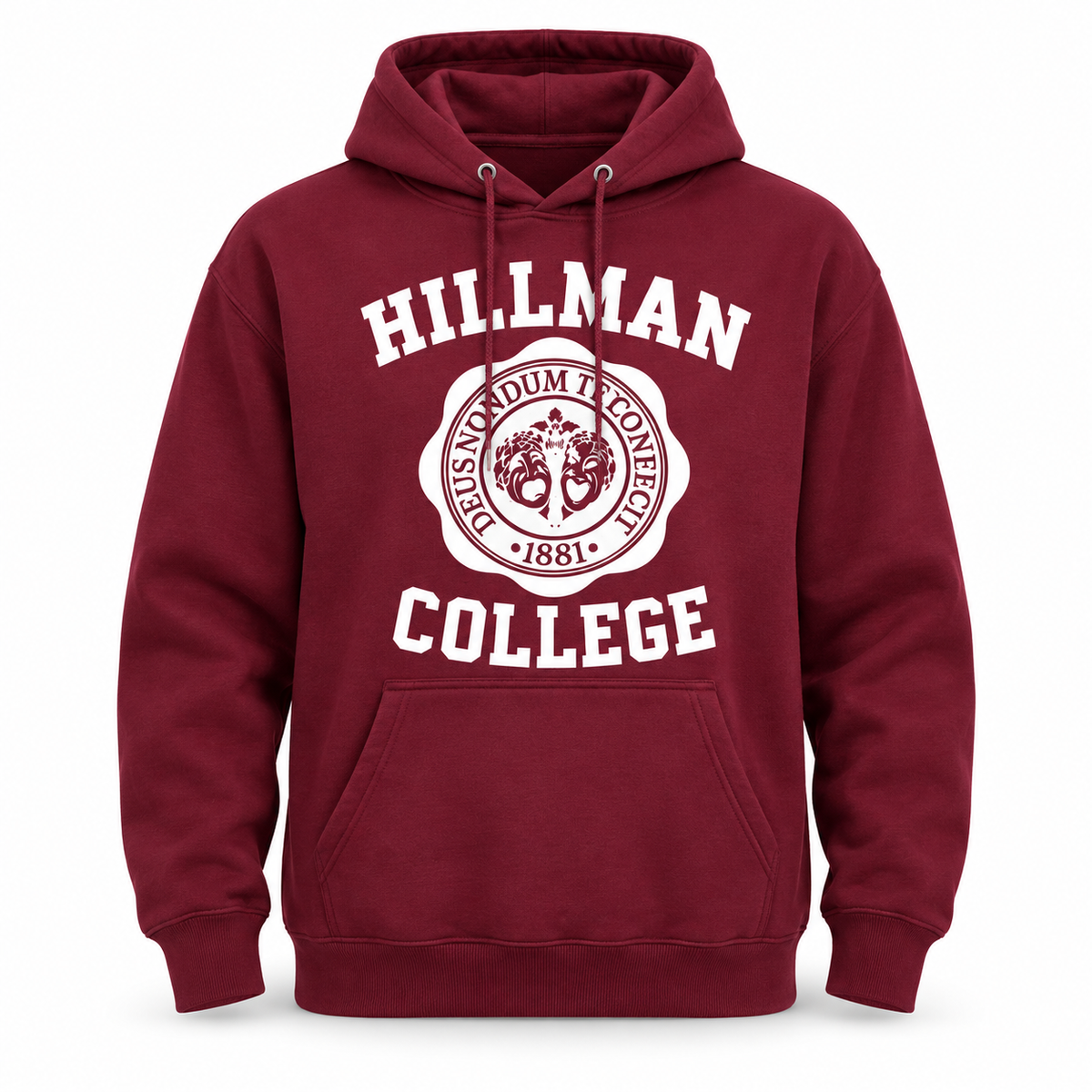 Hillman College burgundy hoodie with white design