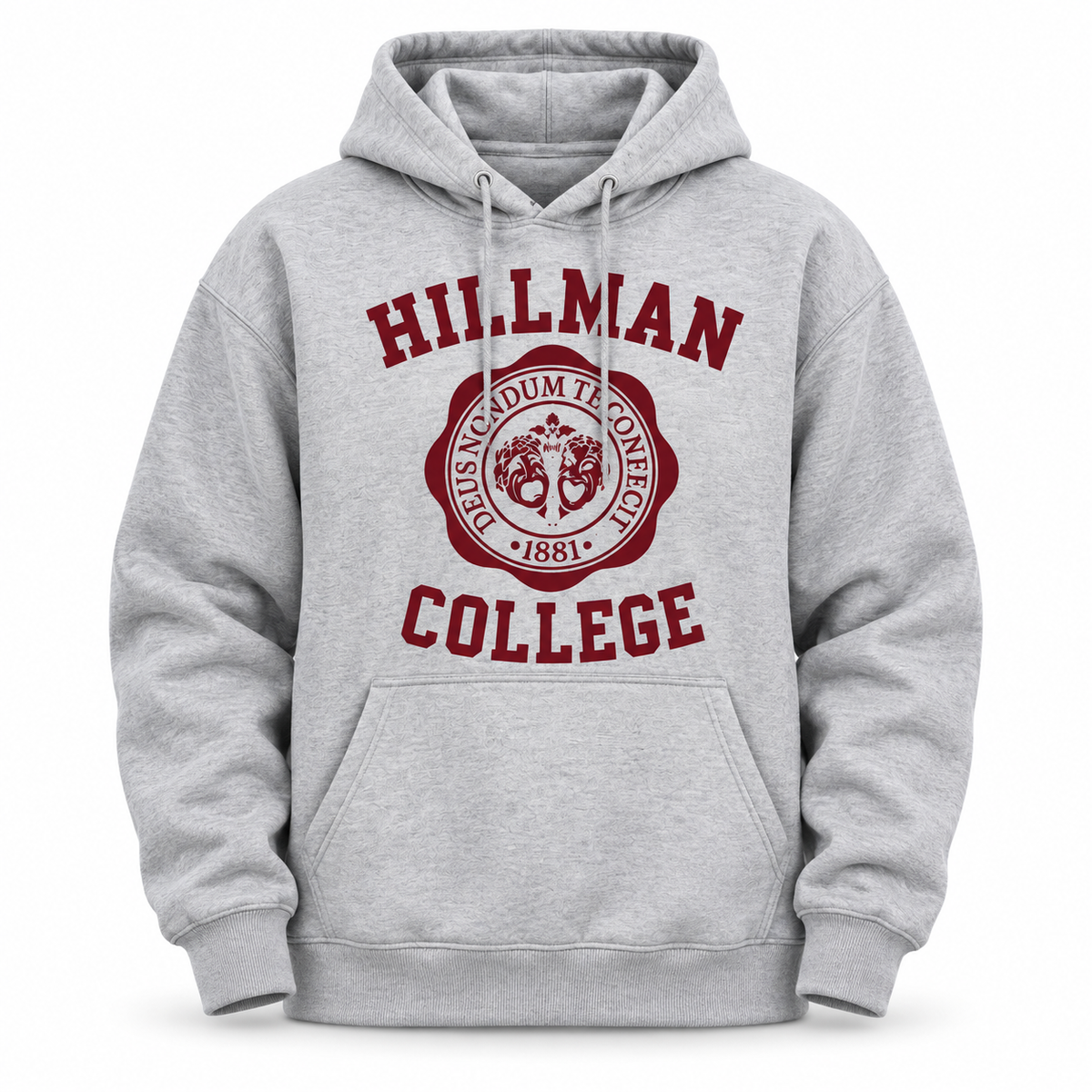 Hillman College gray hoodie with burgundy design