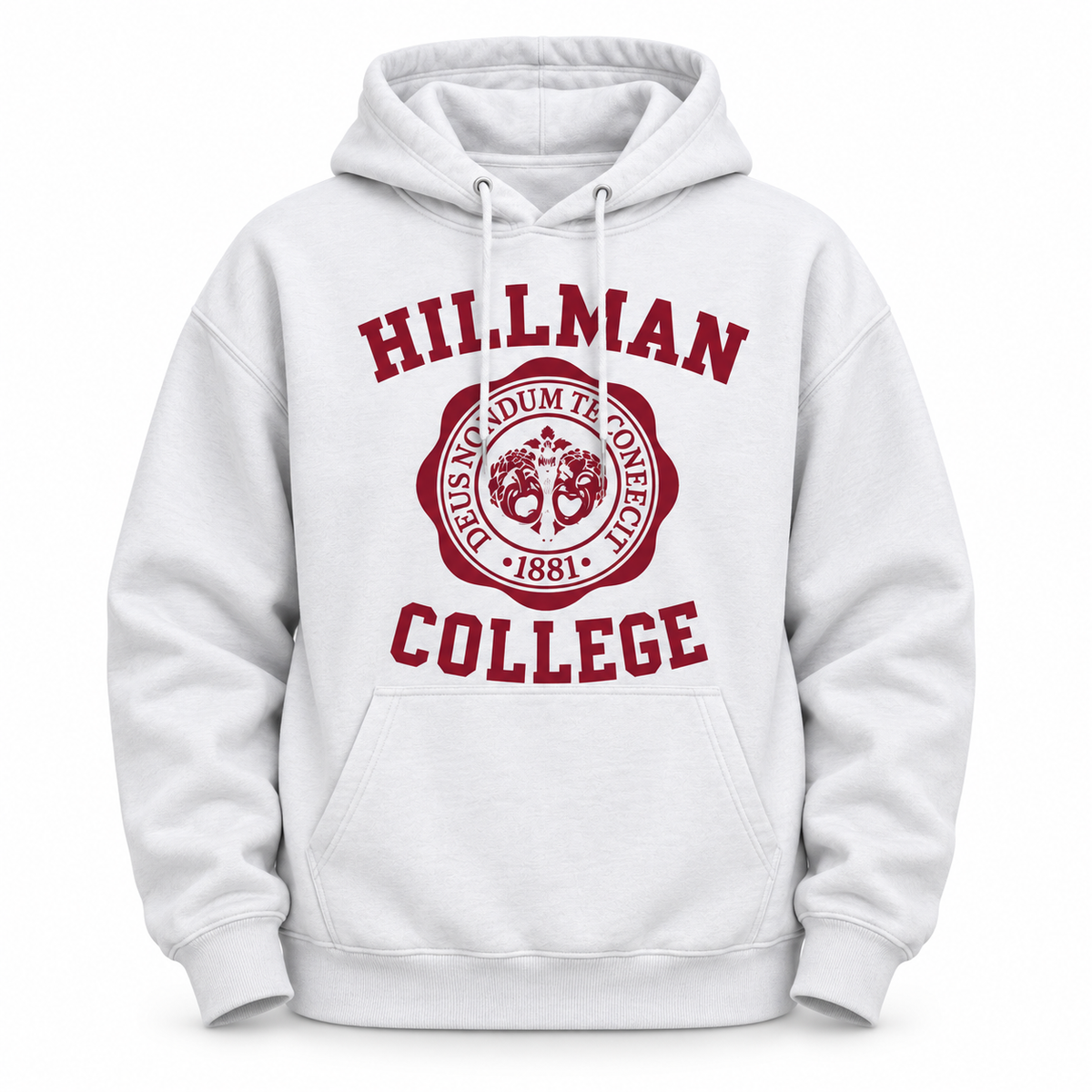 Hillman College white hoodie with burgundy design