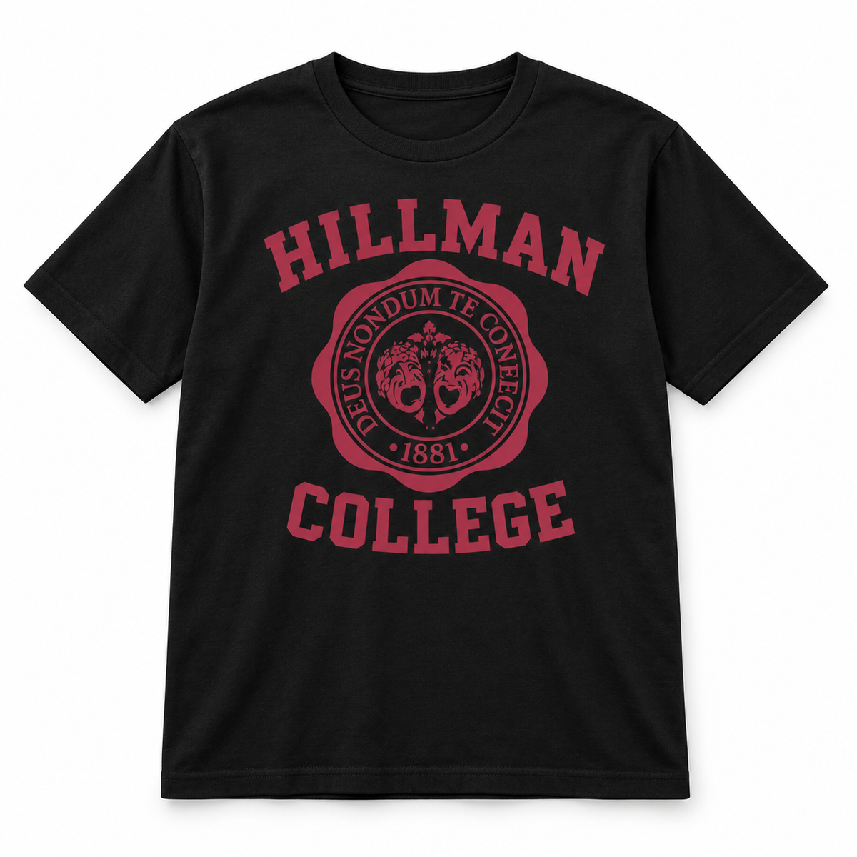 Hillman College black T-shirt with burgundy design