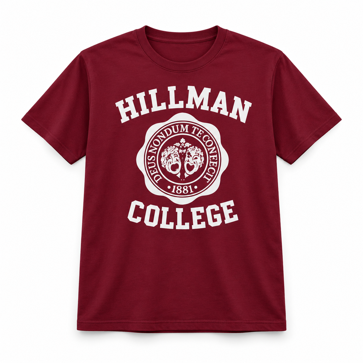Hillman College burgundy T-shirt with white design