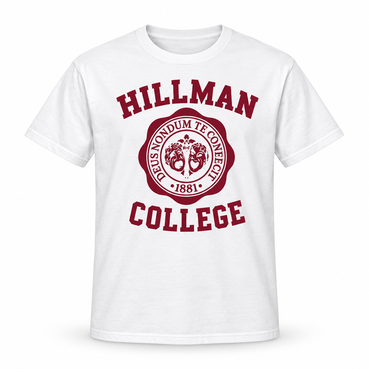 Hillman College white T-shirt with burgundy design