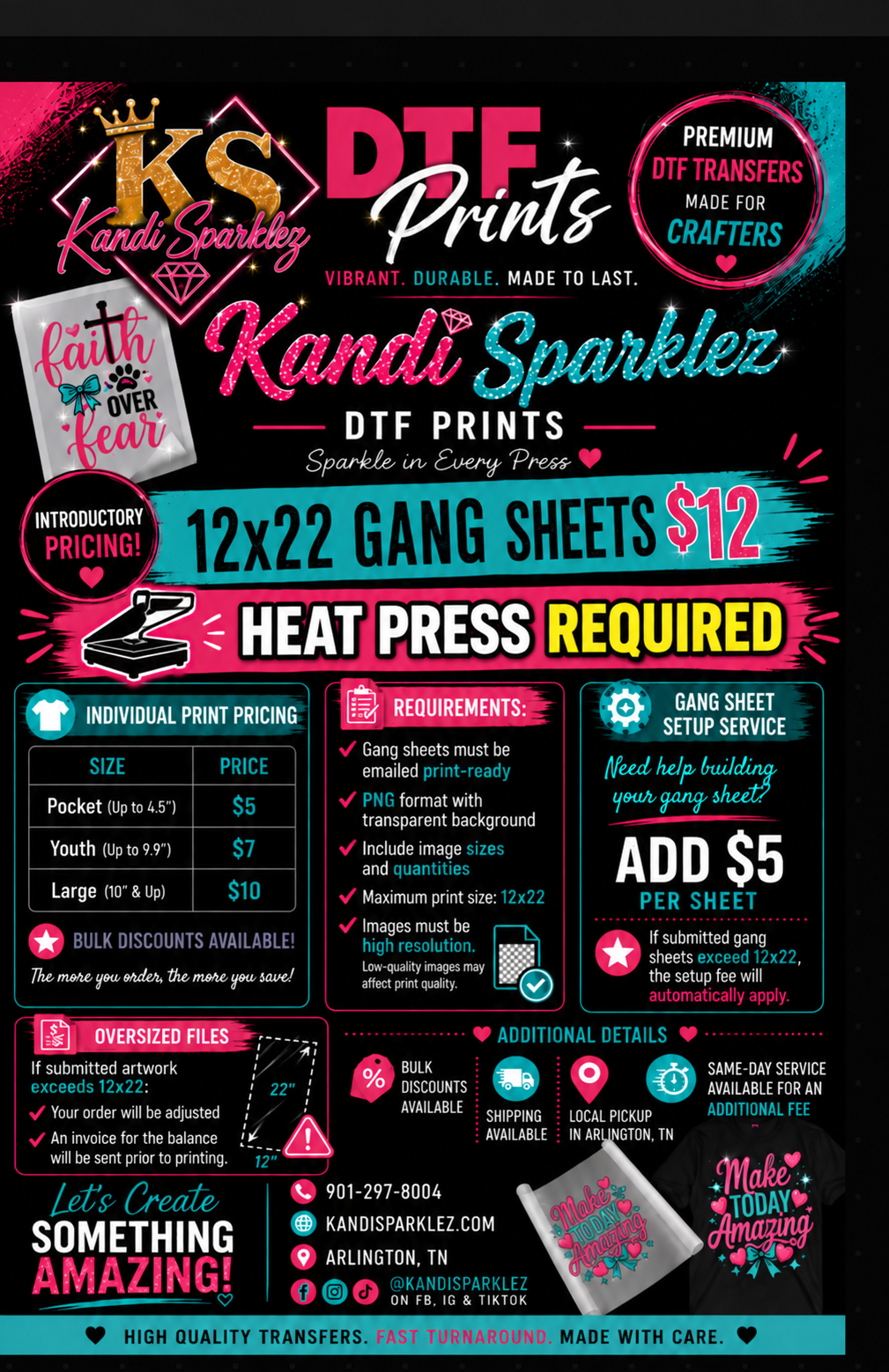 Kandi Sparklez DTF printing pricing—heat press required
