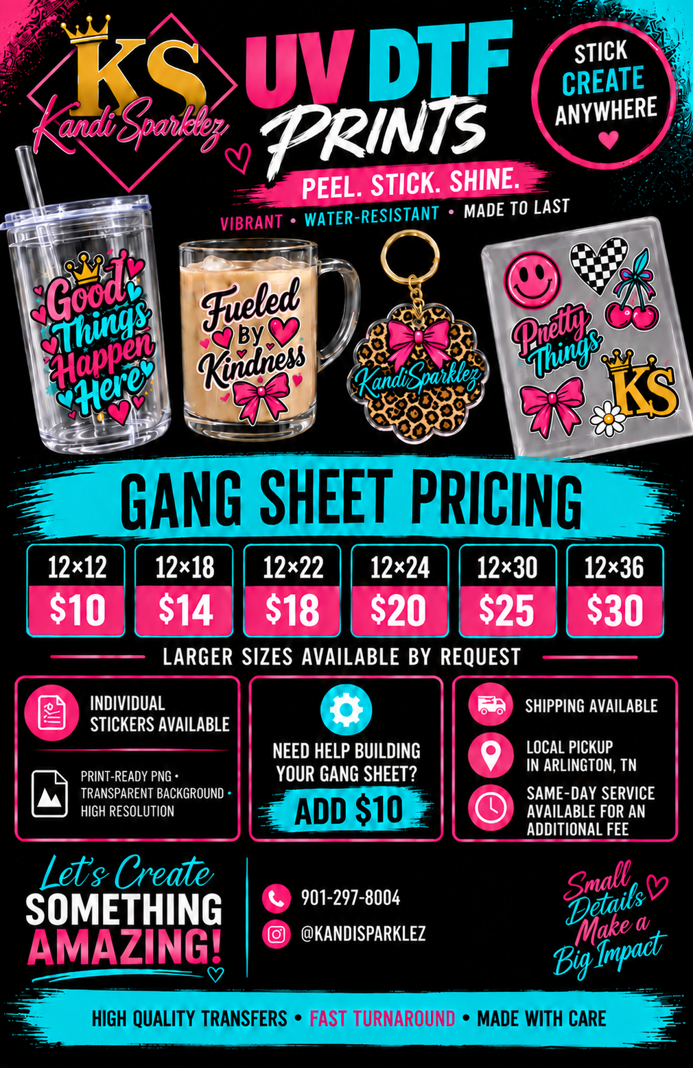 Kandi Sparklez UV DTF gang sheet pricing and services