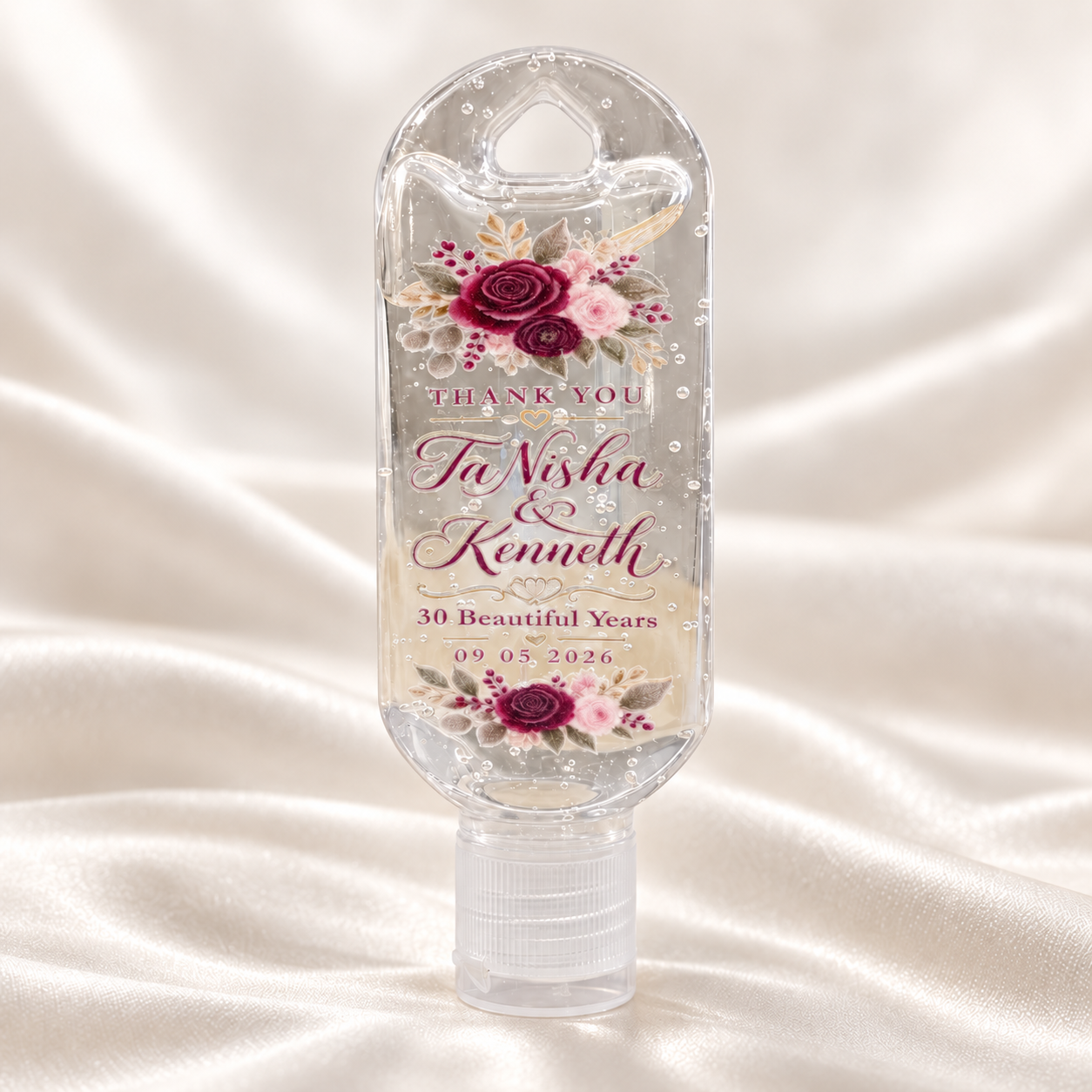 Personalized 2 oz wedding hand sanitizer favor with floral UV DTF label