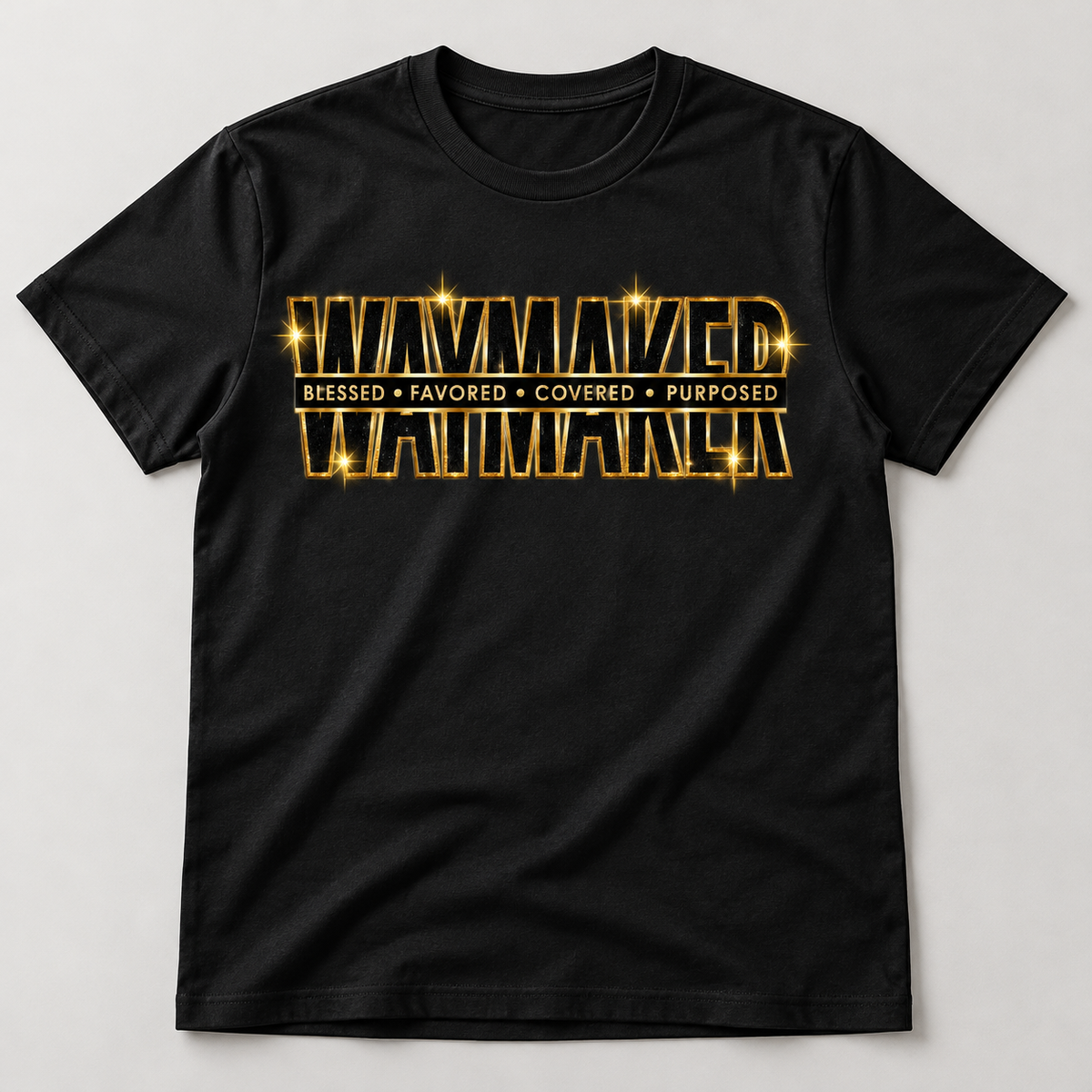 Waymaker Gold Glam Graphic Tee on black tee
